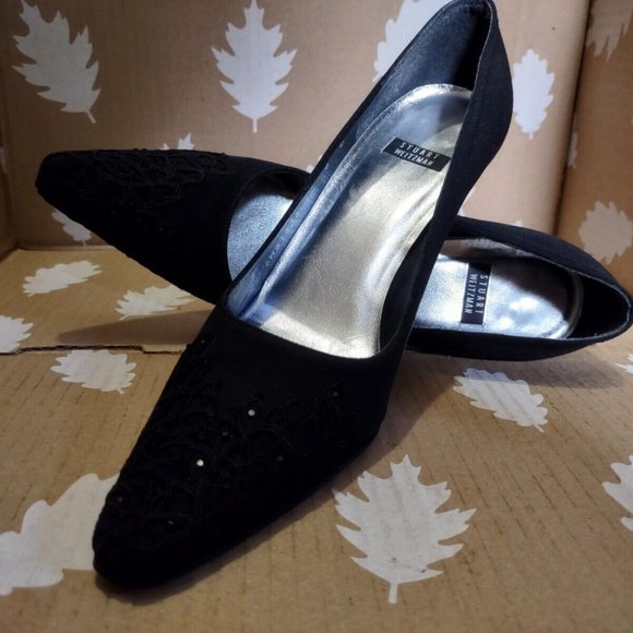 Stuart Weitzman Satin Pointed-Toe Embellished Pump Spool Heel 6B Crystal - Picture 7 of 11